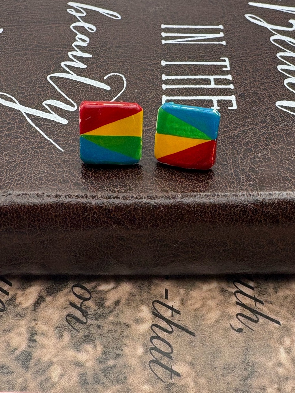 Vintage Rainbow Geometric Square Stud Earrings Retro Colorful